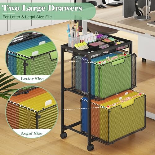 Rolling File Cart with 2 Drawers, Under Desk Storage Cabinet with DIY Divider, Letter/Legal Mobile Filling Cabinet on Wheels, Hanging File Folders Organizer, Metal Utility Cart for Home Office, Black - Image 3
