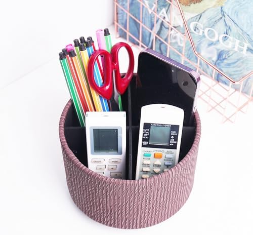 Round Leather Art Supply Organizer,Remote Control Holder,360 Degree Spinning,Multi-Functional Pencil Holder,4 Compartments Desktop Stationary Organizer(1-Wood Soil) - Image 6