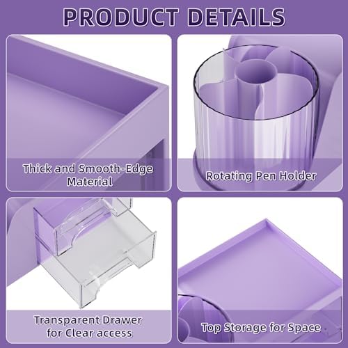 Marbrasse Desk Organizer with 2 Drawer, 360°Rotating Pen Holder, Desk Organizers and Accessories with 6 Slots Pencil Holder + 2 Drawer, Art Supply Storage Box Caddy for Office (Purple) - Image 5