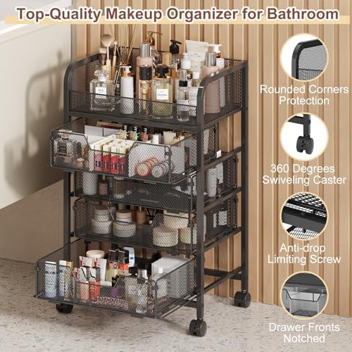 Makeup Cart Organizer with 4 Drawers, Vanity Storage Organizer, Large Floor Skincare Organizers Cosmetics Display Cases for Skin Care Perfume Nail Polish, Black - Image 4