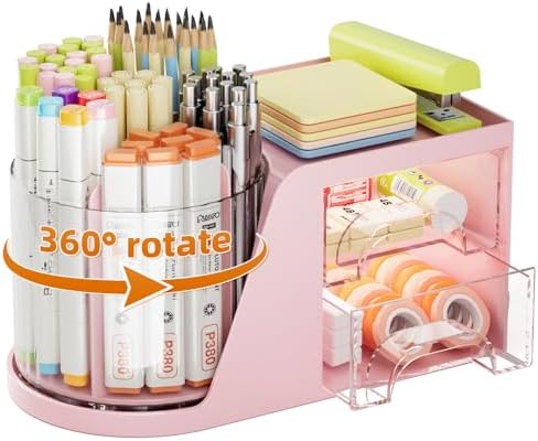 Marbrasse Desk Organizer with 2 Drawer, 360°Rotating Pen Holder, Desk Organizers and Accessories with 6 Slots Pencil Organizer + 2 Drawer, Art Supply Storage Box Caddy for Office (Pink) by Marbrasse