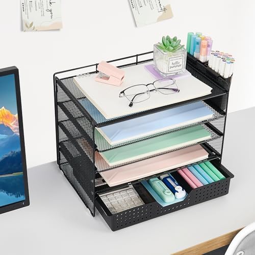 Desk Organizer and Accessories, 5-Tier Paper Letter Tray Organizer with Drawer & 2 Pen Holders for Desktop File Organization, Office Desk Accessories for Supplies Storage (Black) - Image 3
