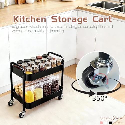 2 Pack Pantry Cart 2 Tier Small Rolling Cart with Wheels for Under Desk Storage, Short Rolling Utility Cart Large Basket Metal Kitchen Shelf with Mesh Laundry Room Organizer Side Table, Black - Image 4