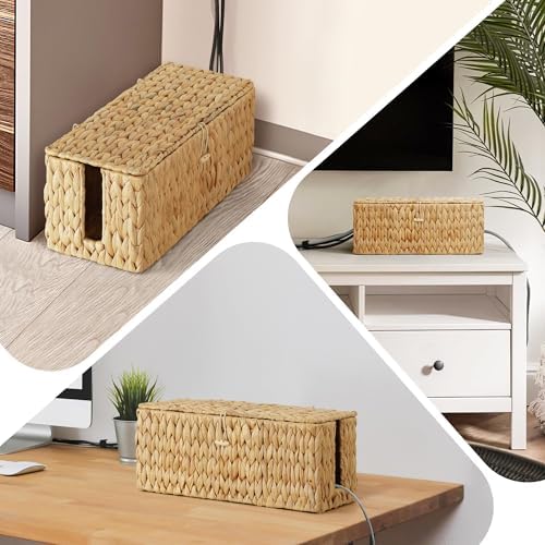Cable Management Box with Lid, 2Pack Handwoven Real Water Hyacinth Cord Hider Organizer Boxes, 2 Side Open Slots Storage Box to Hide Cords Power Strip for Desk, Floor, Office - Image 6