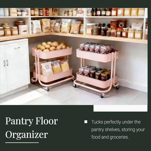 2 Tier Rolling Cart with Wheels for Under Desk Storage, Pink Small Rolling Pantry Storage Cart for Small Space, Metal Short Utility Shelf for Vanity Kitchen Bathrrom Laundry Organization - Image 3