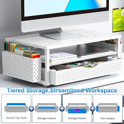 gianotter Monitor Stand with Drawer and 2 Pen Holders (White) - Image 3