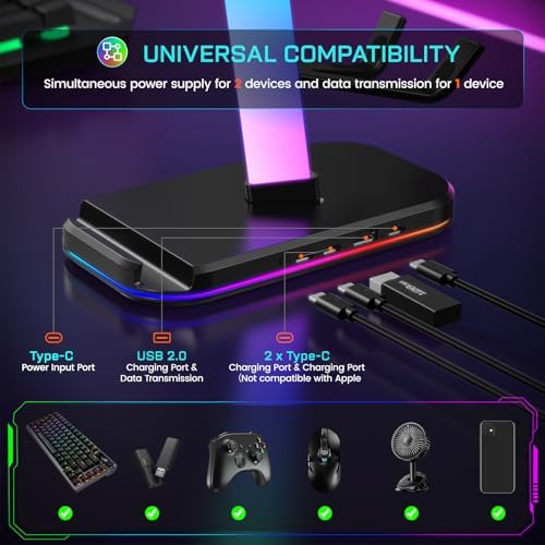 Gaming Headphones Stand with Charging Station, RGB Headset Stand with 10 Light Modes, 4 Controller Holder with 1 USB & 2 Type-C Charging Ports - Earphone Hook for PC Desktop Gamer Accessories Storage - Image 3