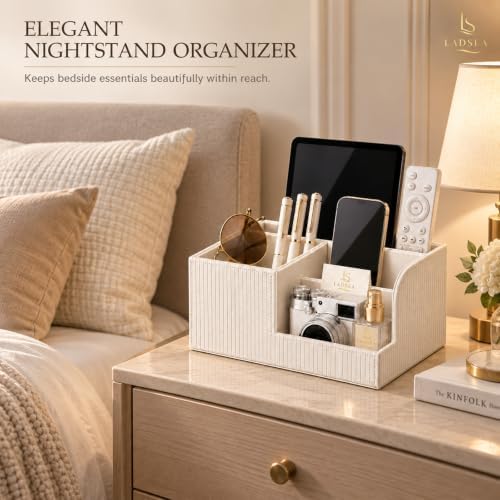 Pen Holder for Desk, 4-Compartment PU Leather Desk Organizer, Cream - Image 7