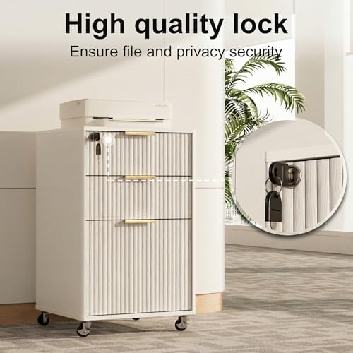 3 Drawers Fluted Mobile File Cabinet with Lock, Rolling File Cabinet Printer Stand Table, Under Desk Wooden Filing Cabinets for Home Office Essentials Storage Organization Furniture Letters/A4(White) - Image 6