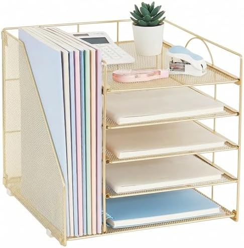 Desk Organizers and Accessories, 5-Tier Paper Letter Tray Organizer with File Holder, Desktop Organizer for Office Supplies (Gold) by Stylishworkspaceeffortlessorganization
