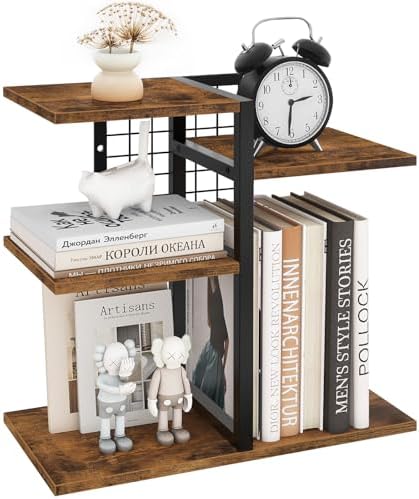 Desktop Shelf Organizer, 4-Tier Wooden Desk Bookshelf, Small Tabletop Book Shelf, Adjustable Display Rack for Home, Office, Dorm, Rustic Brown by ELITEROO