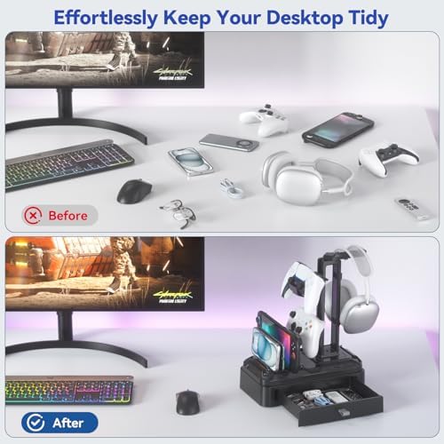 KDD Headphone Stand with Drawer - Rotatable Headset & Detachable Controller Holder for Desk - Multifunctional Organizer with Device Slot for Phones, Tablets - Universal for Gaming Accessories - Image 6