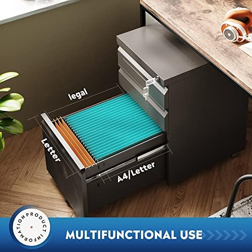 DEVAISE 3 Drawer Mobile File Cabinet with Lock, Under Desk Metal Filing Cabinet for Home Office/Legal/Letter/A4 File, Fully Assembled Except Wheels, Black - Image 5