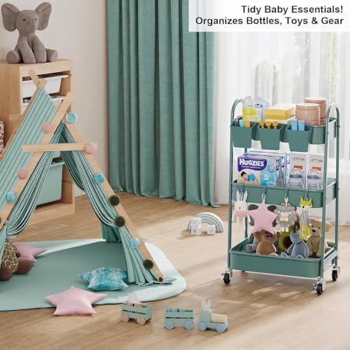 3 Tier Green Metal Rolling Cart with Lockable Wheels, 3 Tiered Roller Shelf - Image 2