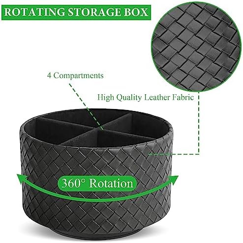 Round Leather Art Supply Organizer,Remote Control Holder,360 Degree Spinning,Multi-Functional Pencil Holder,4 Compartments Desktop Stationary Organizer(1-Weave Black) - Image 3