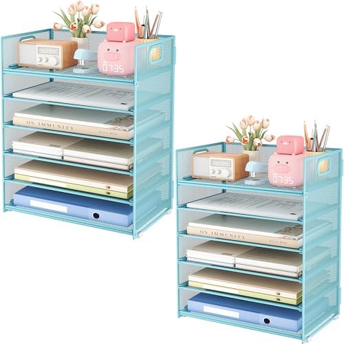 6-Tier Desk Paper Organizer, Desktop File Letter Tray with Handle, Document Sorter and Accessories Holder for Office, Home and School Workspace Organizers, Blue-2 Pack by SUBEKYU