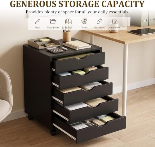 5 Drawer File Cabinet with Wheels, Under Desk Storage Drawers, Black - Image 5