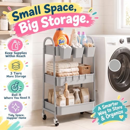 3 Tier Gray Metal Rolling Cart, Three Tiered Storage Dorm Carts with Wheels - Image 4