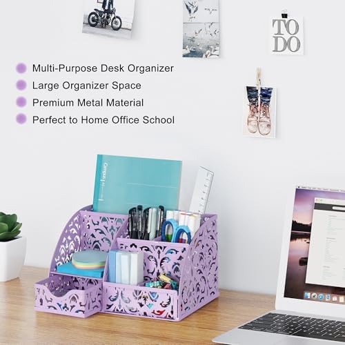 EasyPAG Desk Organizer and Pen Holder for Desk, Mesh Office Supplies Storage Caddy with Drawer for Small Space, Desktop Organizer for Home Office, Purple - Image 2