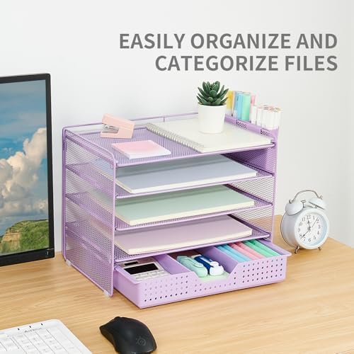 Desk Organizers and Accessories, 5-Tier Paper Letter Tray Organizer with Drawer & 2 Pen Holders, Desktop Organizer for Office Supplies (Purple) - Image 5