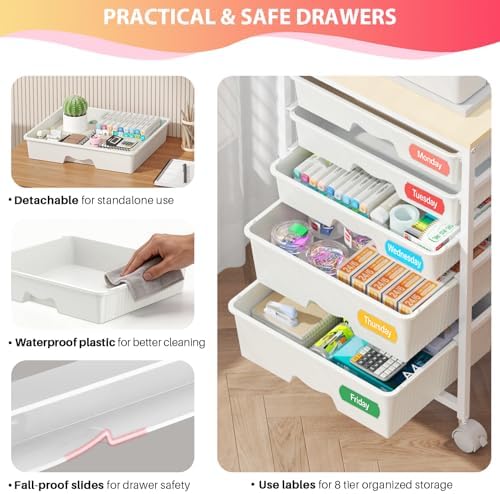 Rolling Cart with 5 Drawers for Craft, Art, Dorm, Office, White - Image 3