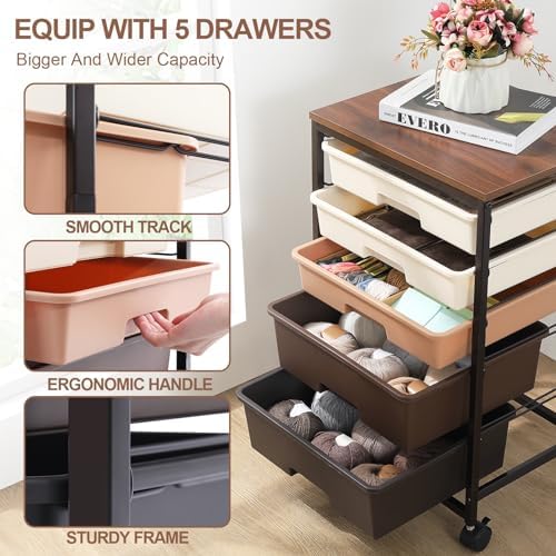 Rolling Cart with Drawers, 5 Drawers Utility Cart, Dark Brown - Image 4