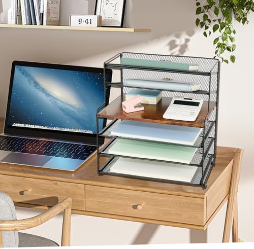 Desk Organizer, 6-Tier Paper Organizer Letter Tray, Brown Wood - Image 3
