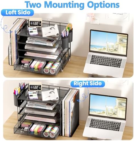 Desk Organizer, 5-Tier Desktop File Organizer with Drawer and Pen Holders, Office Desk Accessories, File Sorters, Workspace Organizers for Office Supplies(Black) - Image 3
