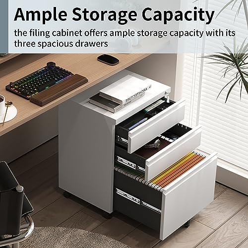Mobile File Cabinet for Home Office, Lockable 3 Drawer Filing Cabinet with Wheels for A4-Size/Letter-Size/Legal-Size, Fully Assembled Except Casters, White - Image 5