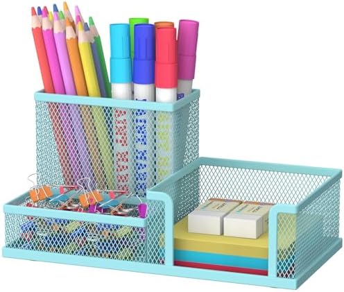 Mesh Pen Holder Desk Organizer, Office Supplies Pencil Storage with 3 Compartments, Office Desk Accessories and Workspace Organizers for Home School, Blue by SUPEASY