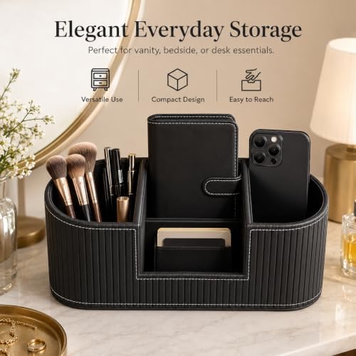 Modern Leather Desk Organizer for Men & Women, Aesthetic Office Desk Accessories Organizer, Faux Leather Vanity Organizer for Pens, Makeup Brushes, Remote Controls, Black Minimalist Desk Decor - Image 7