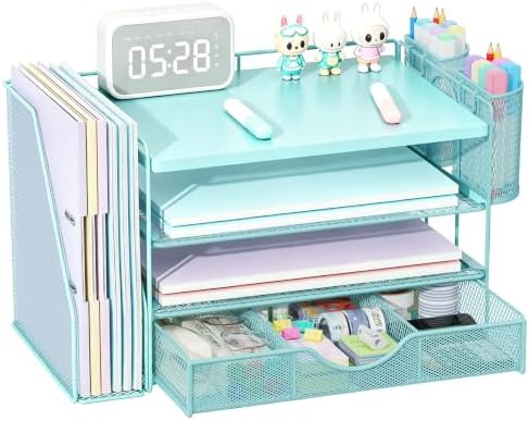 gianotter Desk Organizers and Accessories with File Holder, 4-Tier Desk Accessories & Workspace Organizers with Drawer and 2 Pen Holder, Desk Reference Organizer (Blue, 4T with Metal Drawer) by gianotter