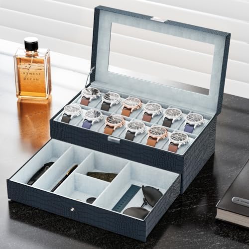 ProCase Watch Box, 12 Slot Watch Case for Men with Drawer, CrocCobaltBlue - Image 3