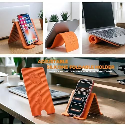 Flexible Silicone Aluminum Phone Holder Tablet Stand with Charging Port Design, Foldable Airplane Laptop/Phone Stand for Home Office Travel (Orange) - Image 3