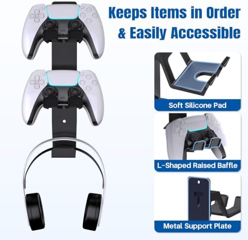ZYTHRONE Dual Controller Holder Wall Mount, Metal Headset Stand for PS5, PS4, with Adhesive or Screws, Strong Adhesive by Screws, Black - Image 3