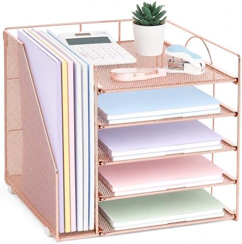 Desk Organizers and Accessories, 5-Tier Paper Letter Tray Organizer with File Holder, Desktop Organizer for Office Supplies (Rose Gold) by Stylishworkspaceeffortlessorganization