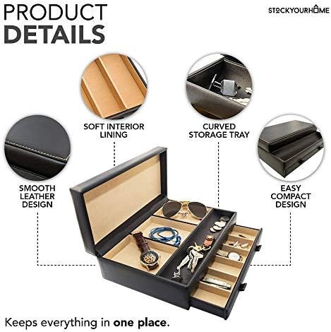 Stock Your Home Mens Valet Tray, Men's Jewelry Box, Night Stand Organizers and Storage, Bedside Table Organizer, Watch Box for Dresser, Faux Leather (Black & Beige) - Image 4
