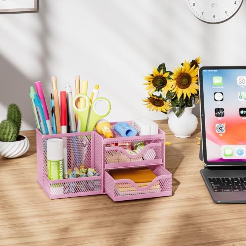 Marbrasse Mesh Pen Holder with 2 Drawers, Multi-Functional Pencil Organizer for Desk, Desk Organizers and Accessories with 3 Compartments + 2 Drawers for Office Art Supplies (Pink) - Image 4