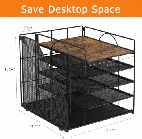 Desk Organizers and Accessories, 5-Tier Paper Letter Tray Organizer with File Holder, Desktop Organizer for Office Supplies (Wood) - Image 2