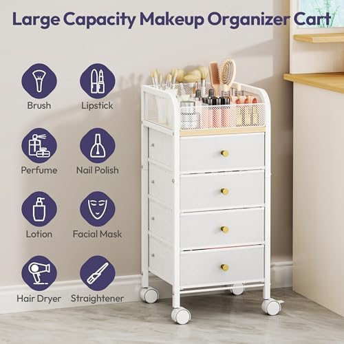 Rolling Makeup Organizer Cart - Under Desk Vanity Makeup Storage with 4 Non-woven Drawers, Nail Cart Organizer Cosmetic Display Cases Cabinet for Skin Care Perfume Nail Polish Brush Hair Tool - Image 6