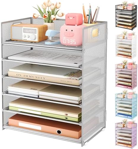 6 Tier Paper Organizer for Desk with Handle, Metal Mesh Desk Office File Folder Paper Letter Tray Accessories Organizer Sorter for Home, School, Office Desktop Document Organization - Silver by SUBEKYU