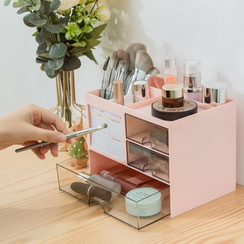 Multi-Functional Desk Organizer with 3 Drawer and 8 Compartments, Pink - Image 5