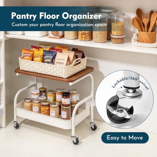 2 Tier Short Rolling Pantry Cart on Wheels Under Desk Storage Metal Utility Cart with Table Top for Kitchen, Small Printer Stand White Snack Shelf Craft Rack Large Capacity Bedside Organizer - Image 2