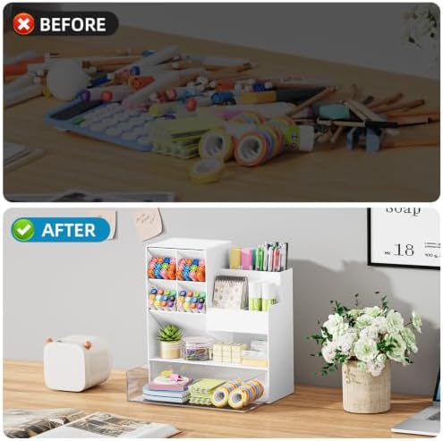 Marbrasse Plastic Pen Holder for Desk, Multi-Functional Desk Organizer Pencil Holder with Drawer, Desk Organizers and Accessories for Office Art Supplies(White) - Image 6