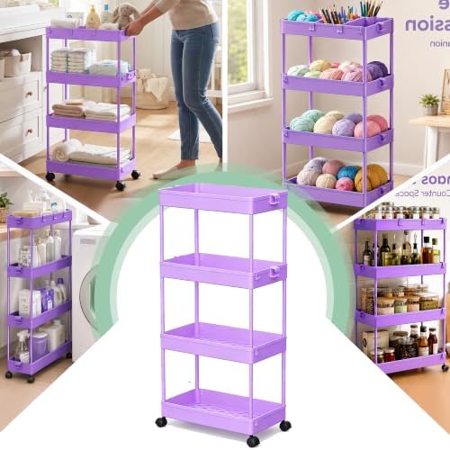 4 Tier Rolling Cart with Wheels, Storage Craft Art Trolley Organizer Serving, 3 Hanging Baskets Easy Assembly, for Office, Living Room, Kitchen - Image 7
