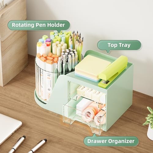 Marbrasse Desk Organizer with 2 Drawer, 360°Rotating Pen Holder, Desk Organizers and Accessories with 6 Slots Pencil Holder + 2 Drawer, Art Supply Storage Box Caddy for Office (Green) - Image 2