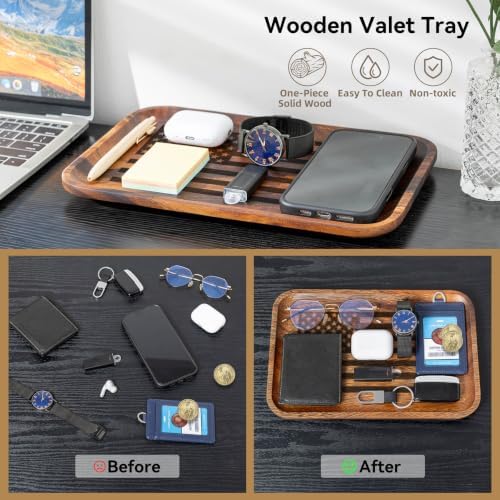 2PCS American Flag Serving Acacia Wood Valet Tray for Men Women Catch All Acacia Wooden Tray Gift, Mens Key Tray, Decorative Tray, Nightstand Tray Dump Tray EDC Tray for Phone Watch Wallet Jewelry - Image 4