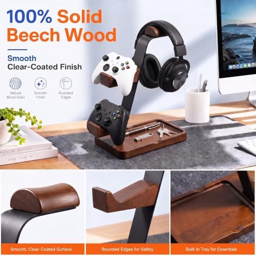 Aothia Beech Headphone Stand with Controller Holder & Storage Base, Brown - Image 3