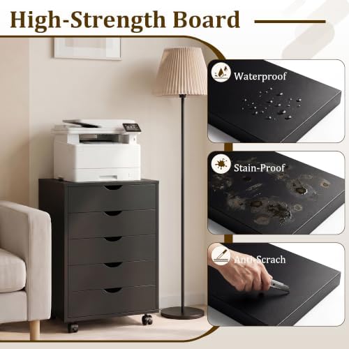 5 Drawer Chest, Under Desk Storage Mobile File Cabinet with Wheels, 5 Office Drawer for Home & Office Printer Stand, Black - Image 6
