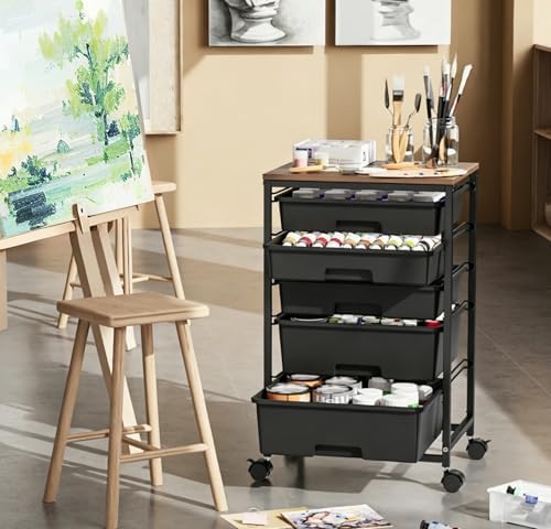 5-Tier Rolling Cart with Drawers with Wooden Top, Black - Image 2